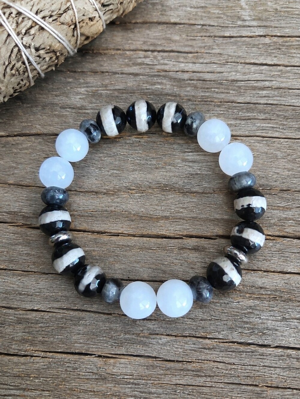 White Jade, Larvikite & Tibetan Agate Beaded Stretch Bracelet | Handmade